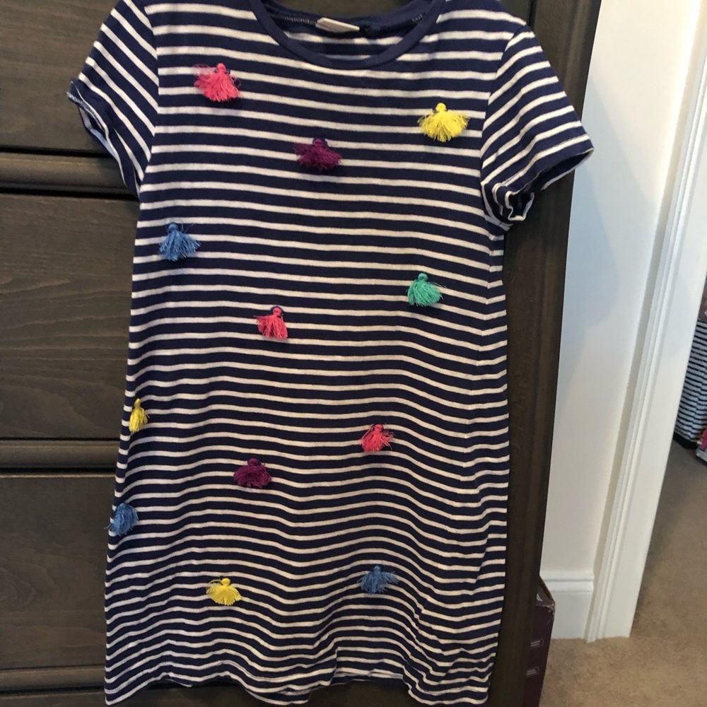 Next tassel dress navy stripe 5-6, EUC